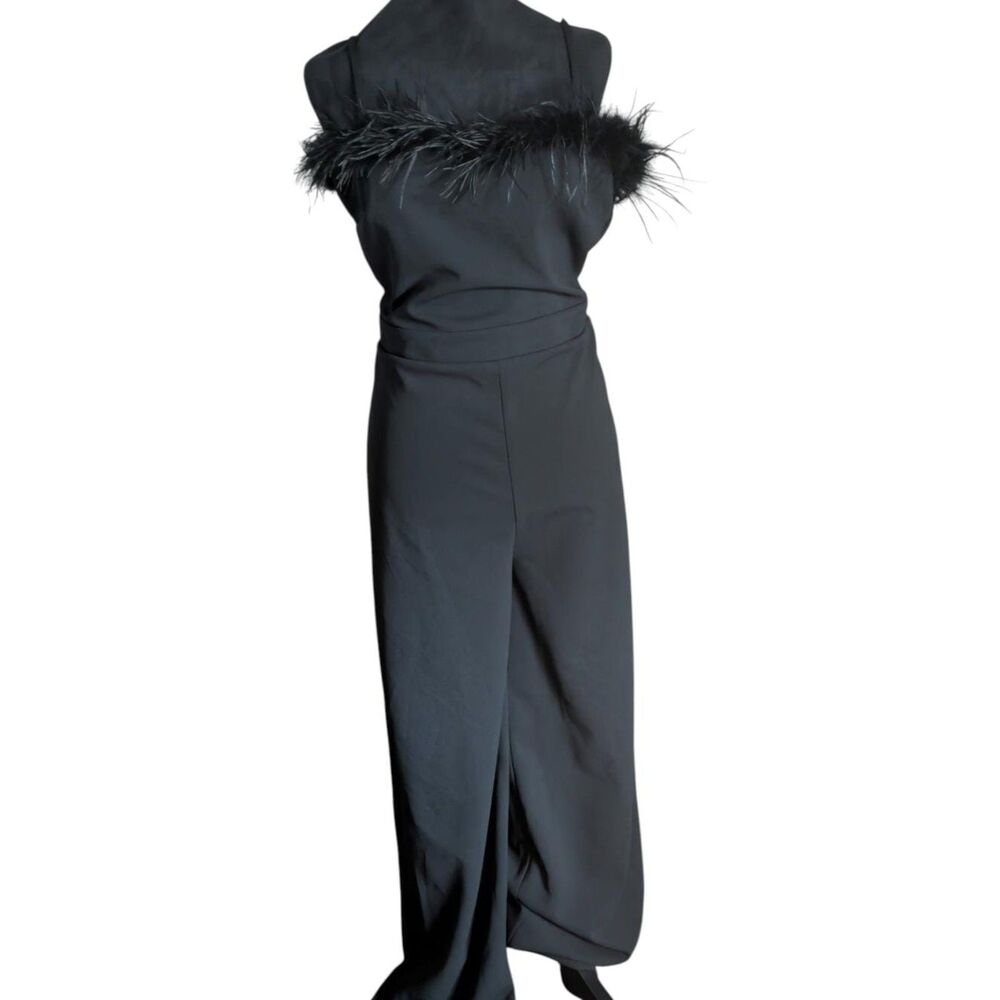Charmed Hearts Womens Large Black Feather Trim Wide Leg Jumpsuit Back Zip L